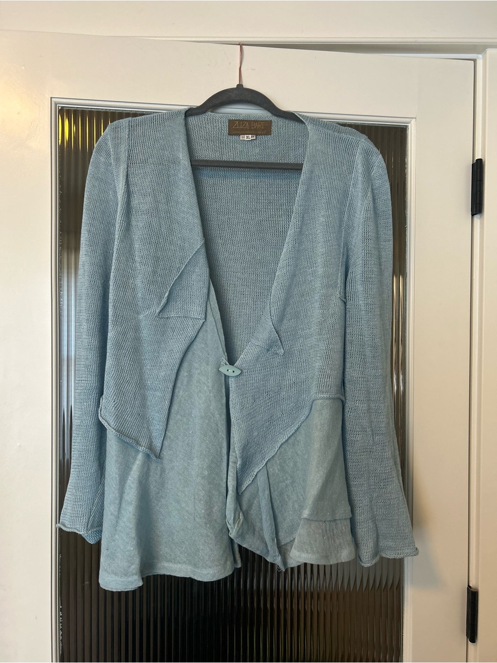 NWOT Zuza Bart 100% Linen Light Blue Asymmetrical Draped Knit Cardigan